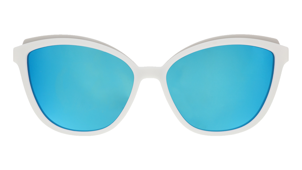 Front view of white cat-eye sunglasses with light blue mirrored lenses.