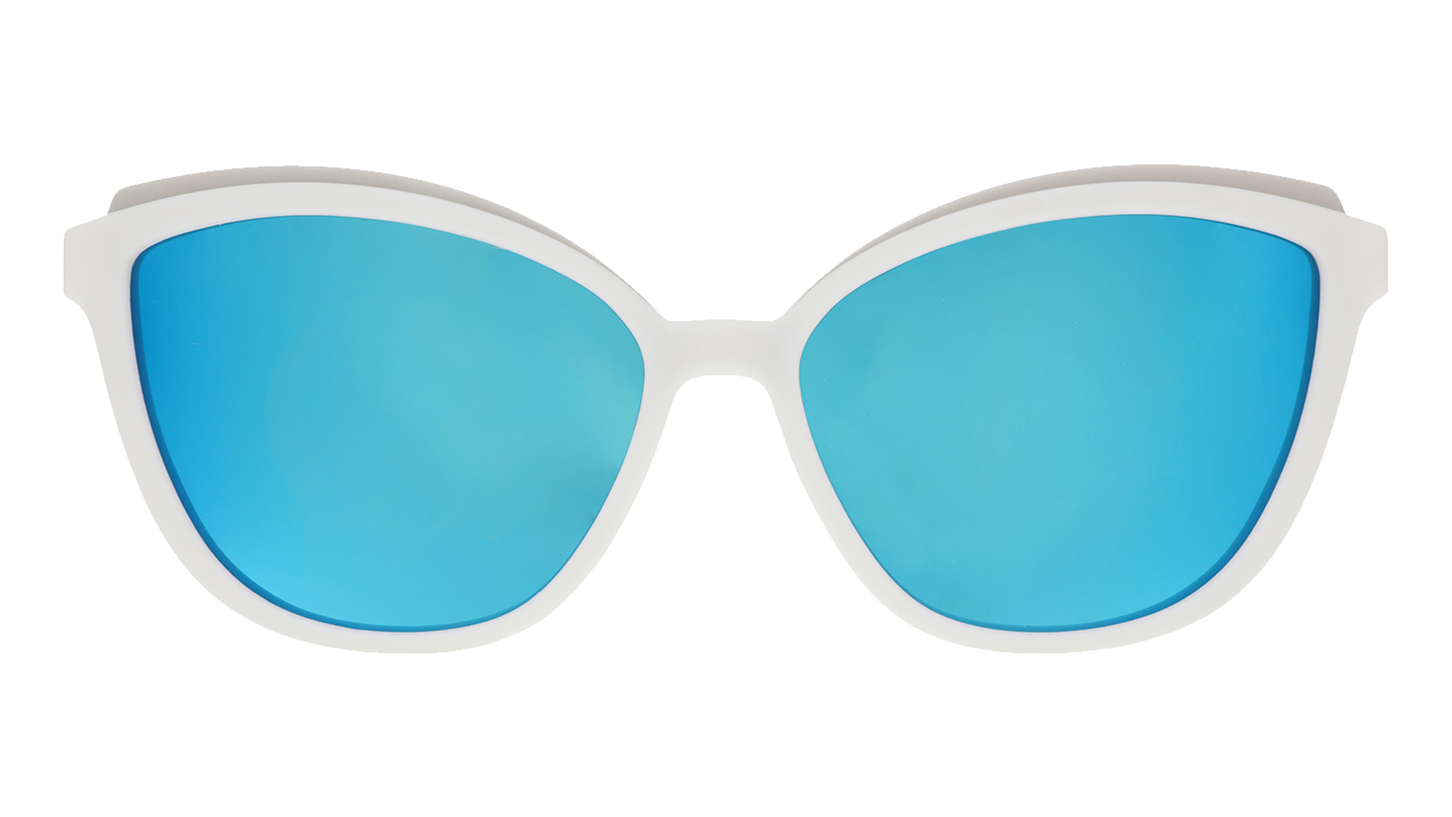 Front view of white cat-eye sunglasses with light blue mirrored lenses.