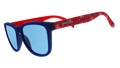 Three-quarter angle view of red and dark blue sunglasses with an Arizona print and blue lenses.