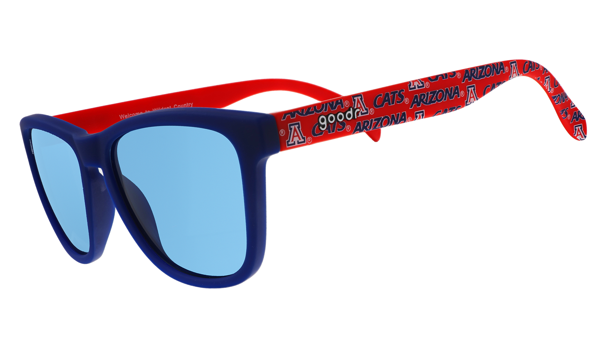 Three-quarter angle view of red and dark blue sunglasses with an Arizona print and blue lenses.
