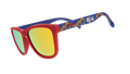 Three-quarter angle view of MLS Real Salt Lake frames tilted down. Red+blue patterned frames. Amber reflective lenses.