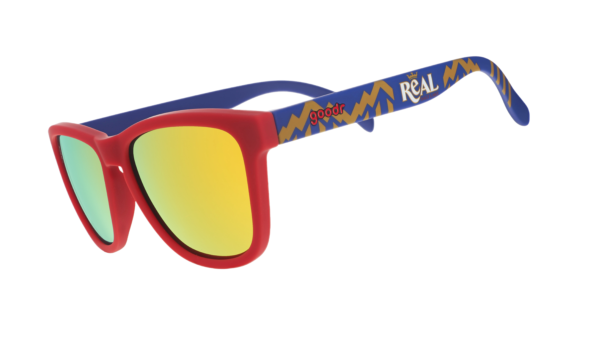 Three-quarter angle view of MLS Real Salt Lake frames tilted down. Red+blue patterned frames. Amber reflective lenses.