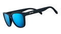 Three-quarter angle view of square-shaped black sunglasses with polarized reflective blue lenses.