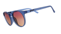 Three-quarter angle view of dark blue circular sunglasses with purple-yellow ocean lenses.