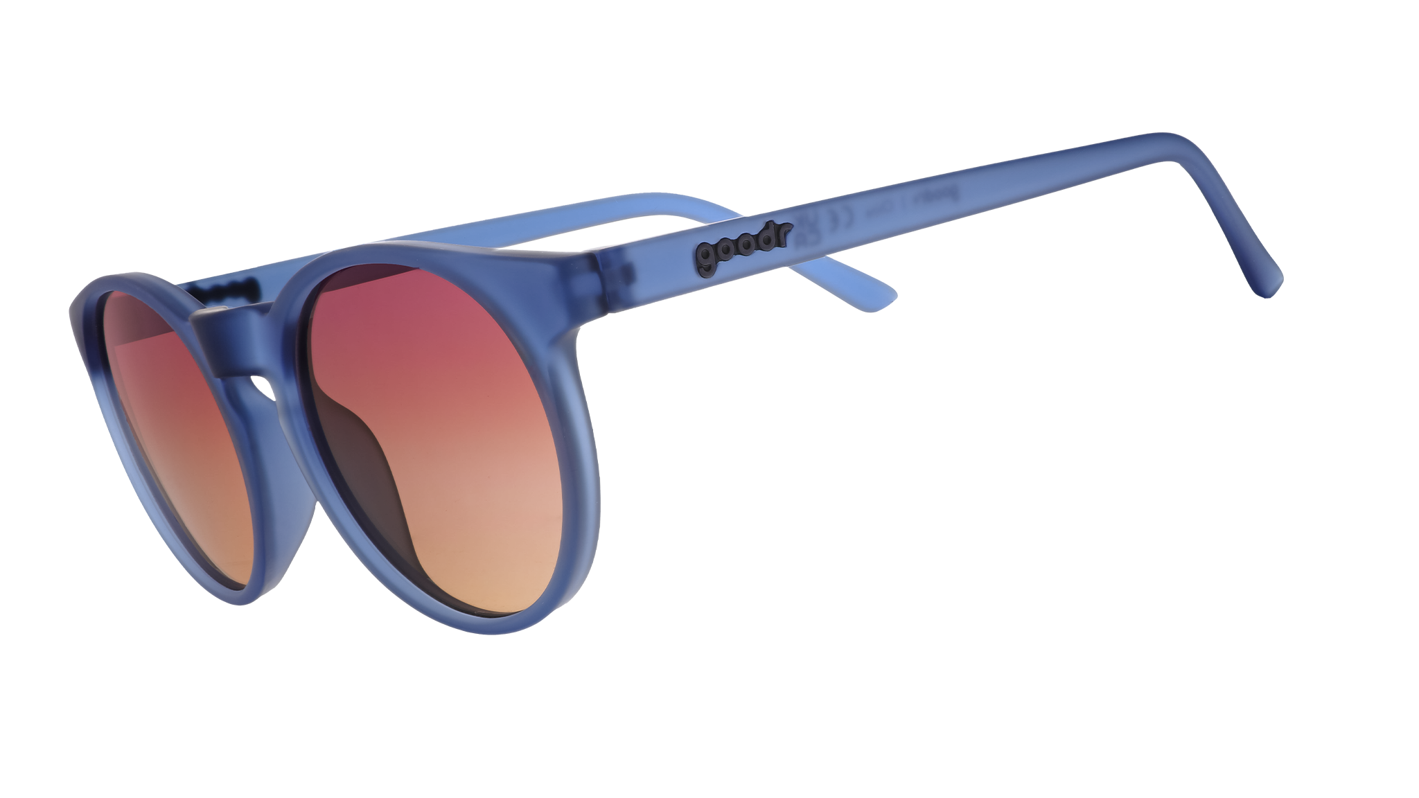 Three-quarter angle view of dark blue circular sunglasses with purple-yellow ocean lenses.