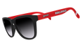 A pair of sunglasses with black frames and lenses, and red temples that have the word "Bulldogs" written in white along the side.