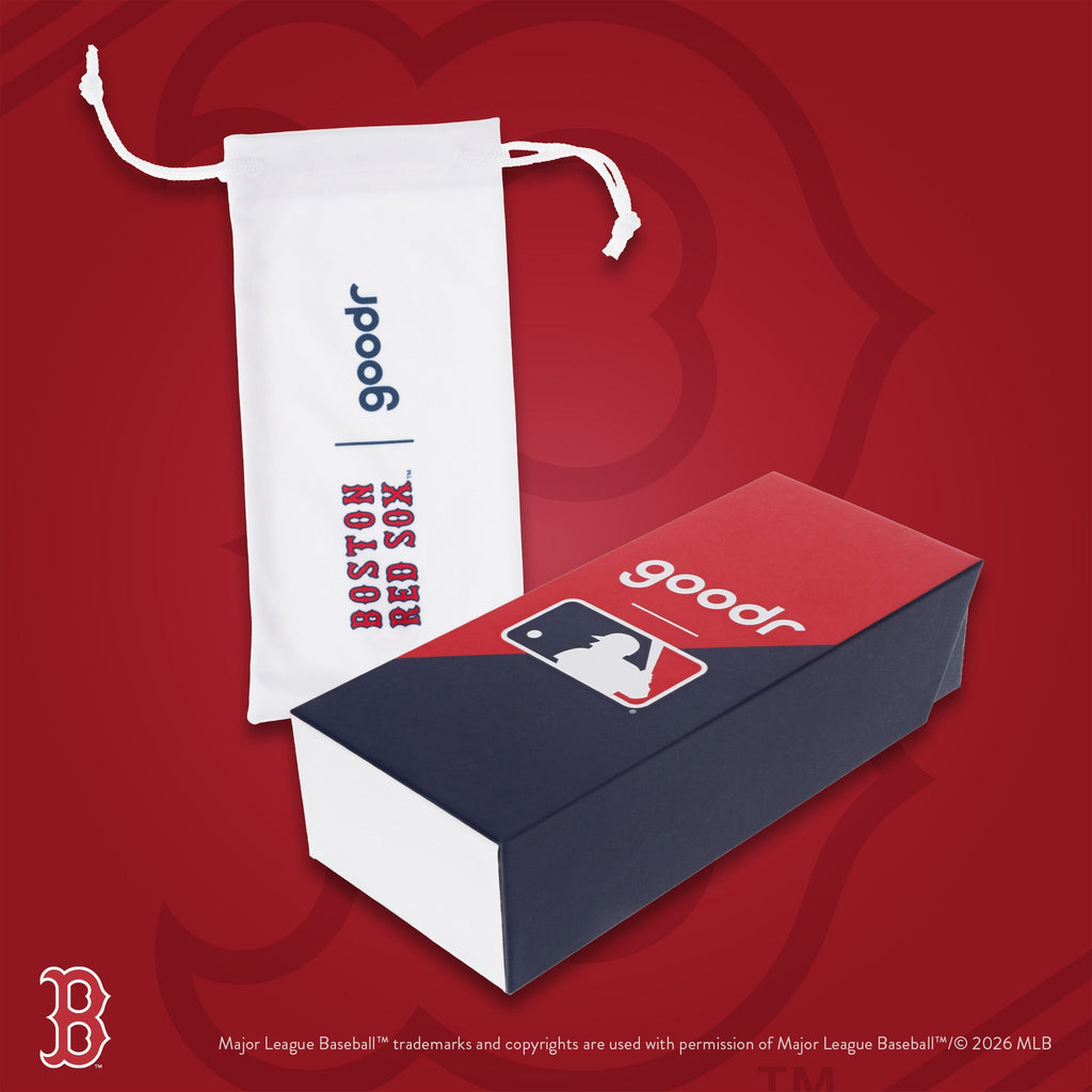 Photograph of custom packaging, featuring a white Red Sox-branded microfiber bag and MLB-themed product box.