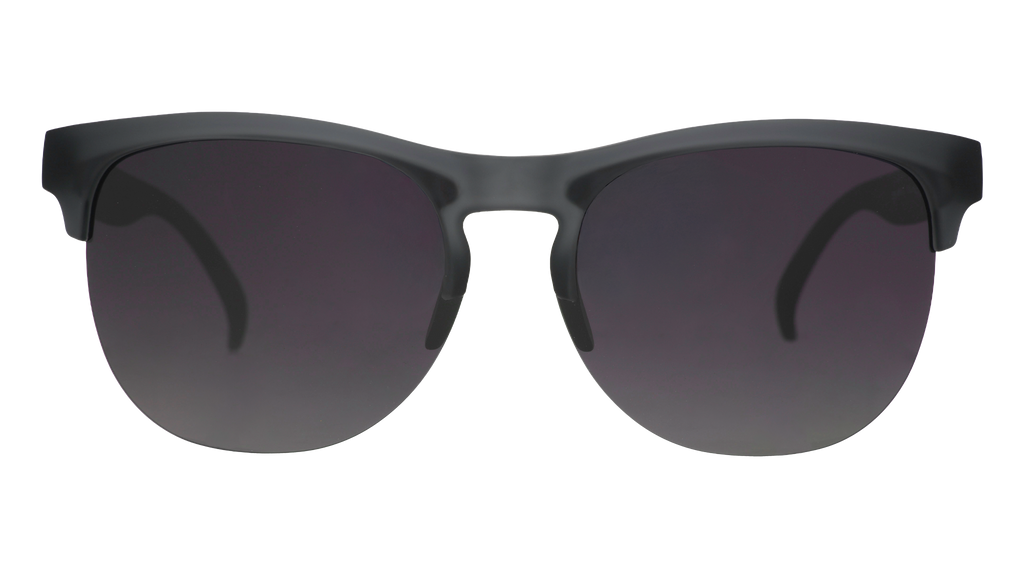 Front view of gray translucent half-rim sunglasses featuring gradient gray lenses.