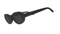 Three-quarter angle view of black oval sunglasses with polarized lenses against a white background.