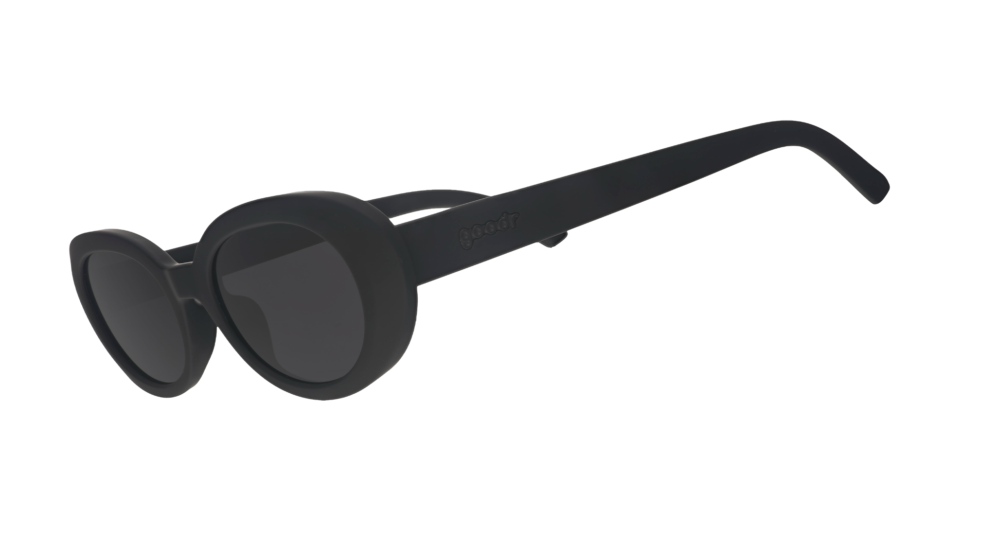 Three-quarter angle view of black oval sunglasses with polarized lenses against a white background.