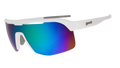 Three-quarter angle view of white shield sunglasses with green reflective wrap lenses tilted down on a white background.