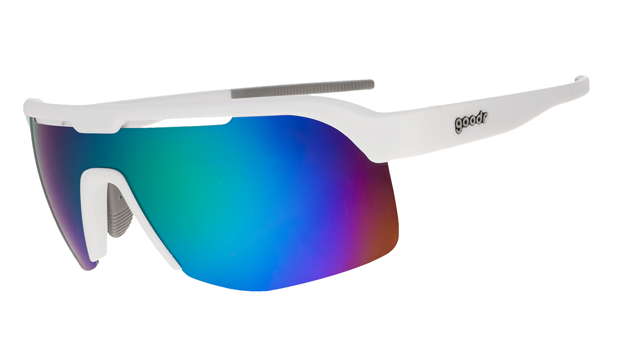 Three-quarter angle view of white shield sunglasses with green reflective wrap lenses tilted down on a white background.