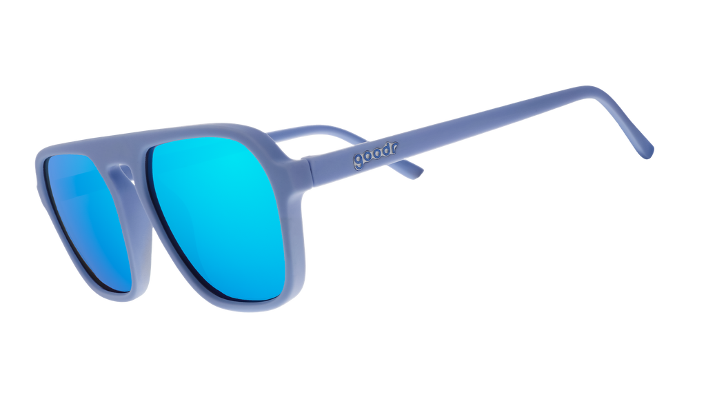 Three-quarter angle view of light blue retro-inspired aviator sunglasses with blue reflective lenses.