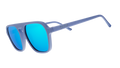 Three-quarter angle view of light blue retro-inspired aviator sunglasses with blue reflective lenses.