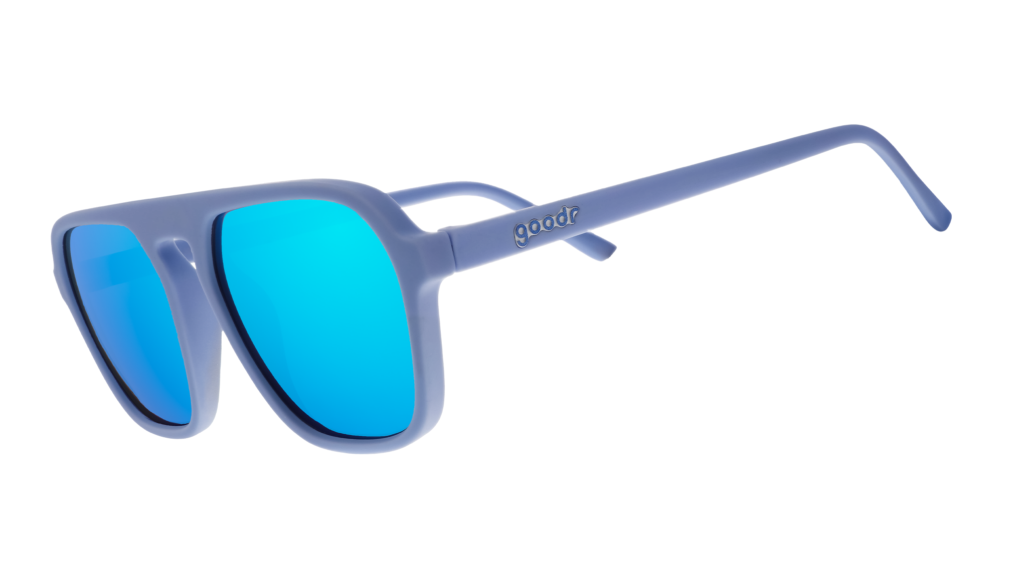 Three-quarter angle view of light blue retro-inspired aviator sunglasses with blue reflective lenses.