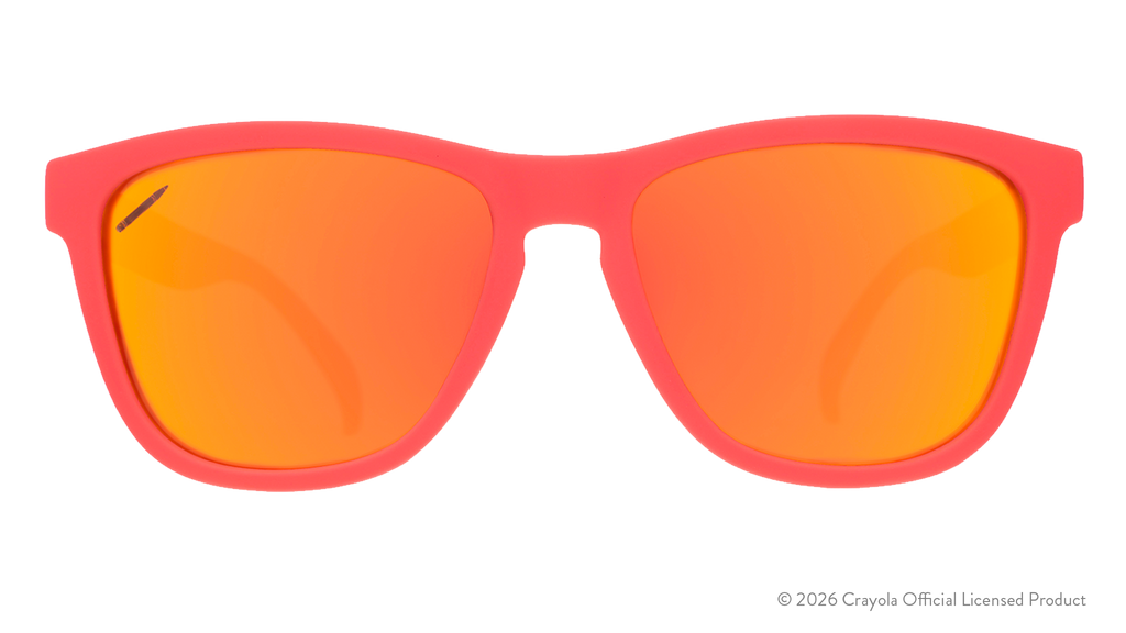 Front view of coral shades. Coral front frame w/ burnt orange reflective lenses+crayon etching in top corner of lens.