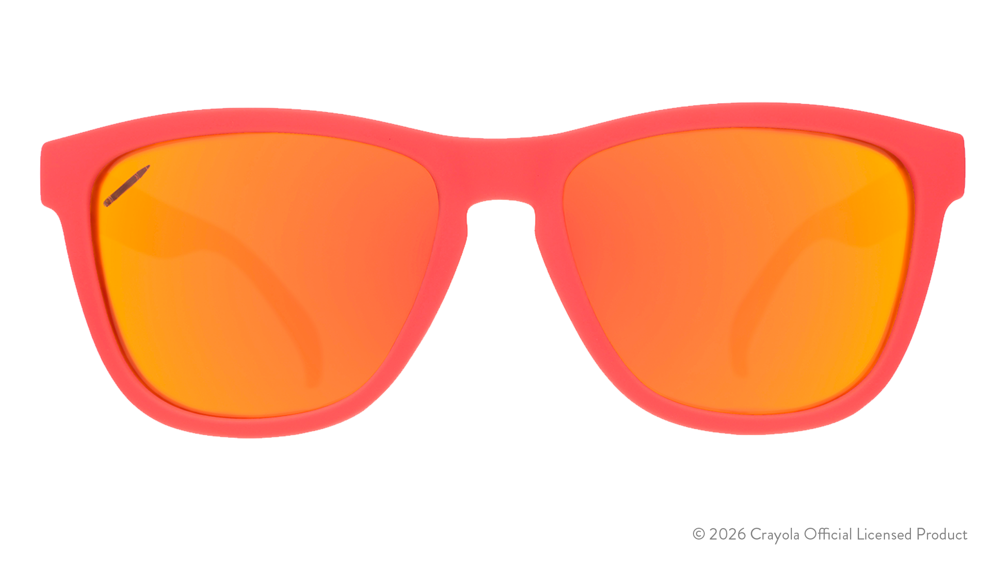 Front view of coral shades. Coral front frame w/ burnt orange reflective lenses+crayon etching in top corner of lens.