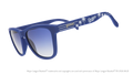 Three-quarter angle view of blue and white Dodgers sunglasses featuring the LA logo and palm trees on the arm.