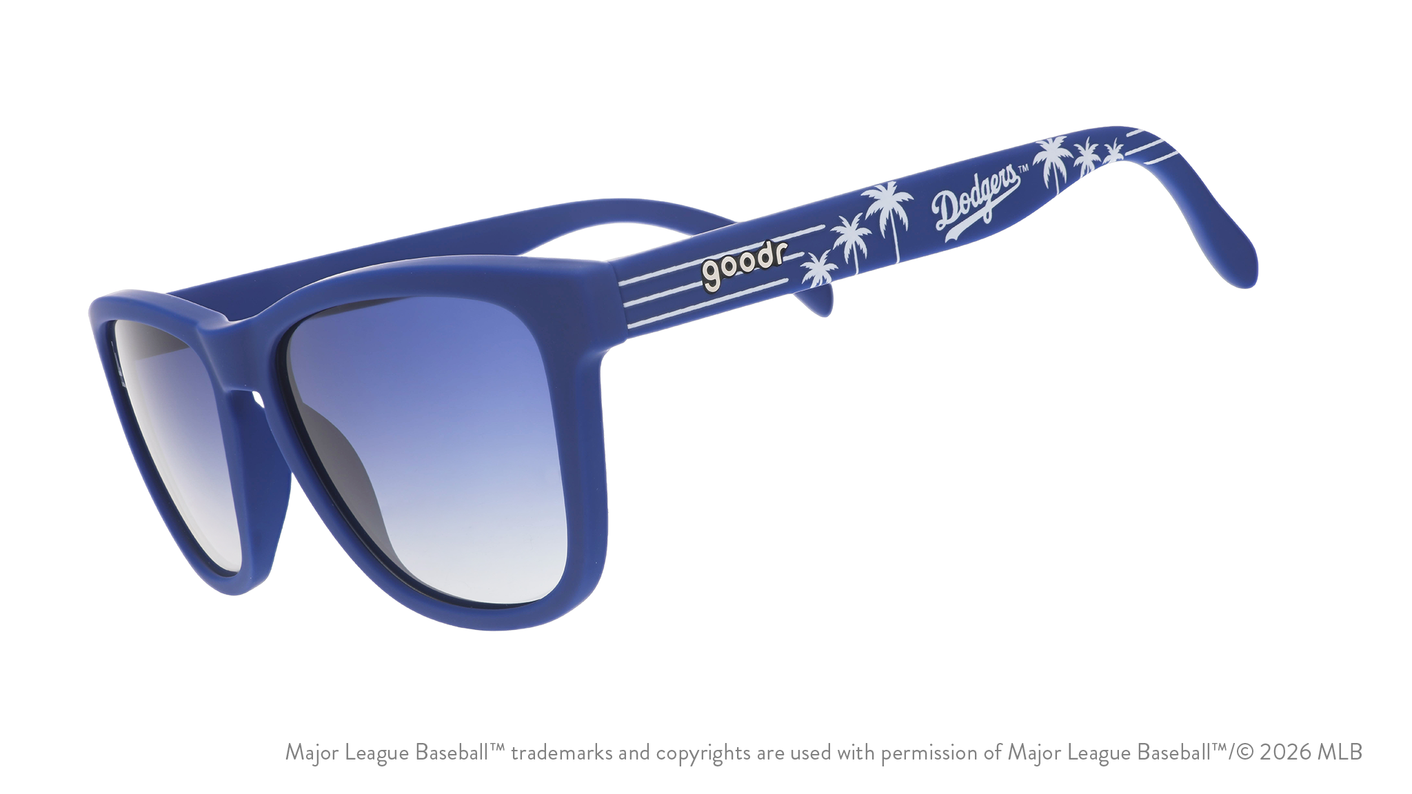 Three-quarter angle view of blue and white Dodgers sunglasses featuring the LA logo and palm trees on the arm.
