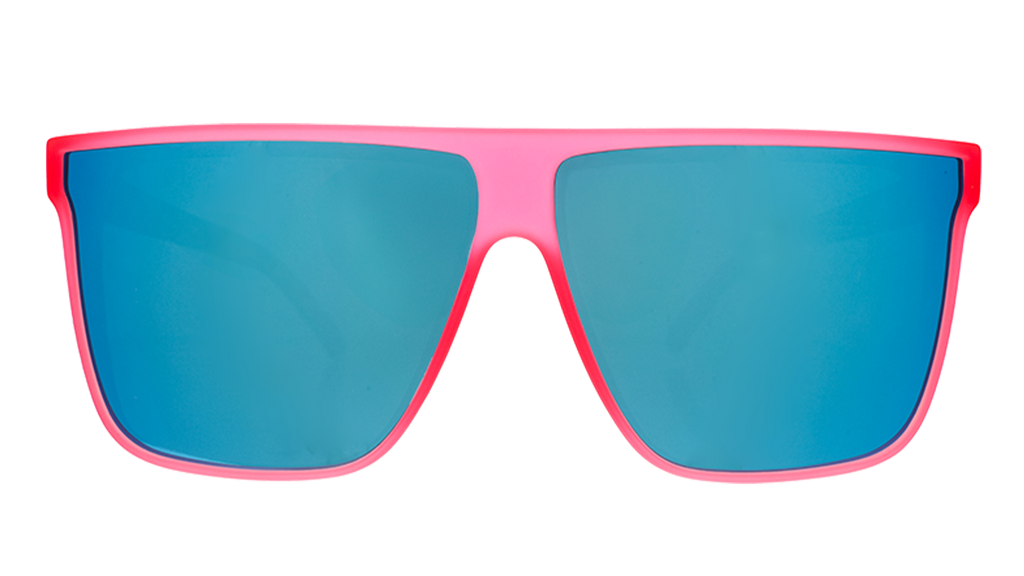 Front view of fashionable oversized pink flat-top glasses with blue reflective lenses.