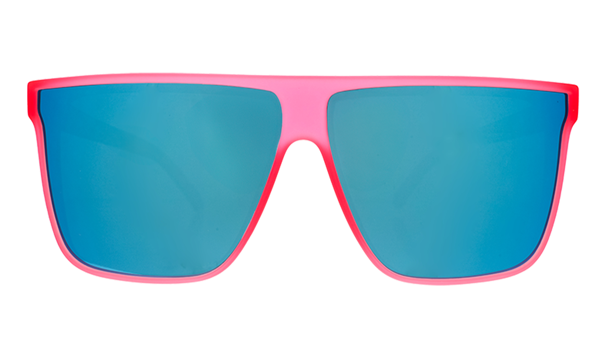 Front view of fashionable oversized pink flat-top glasses with blue reflective lenses.