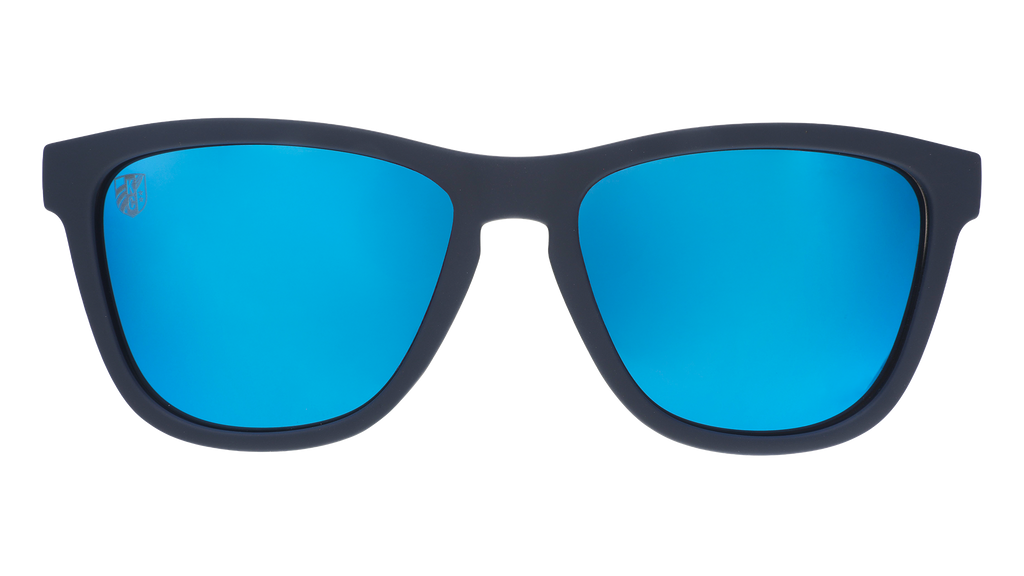Front view of teal and storm blue frames with reflective teal lenses.
