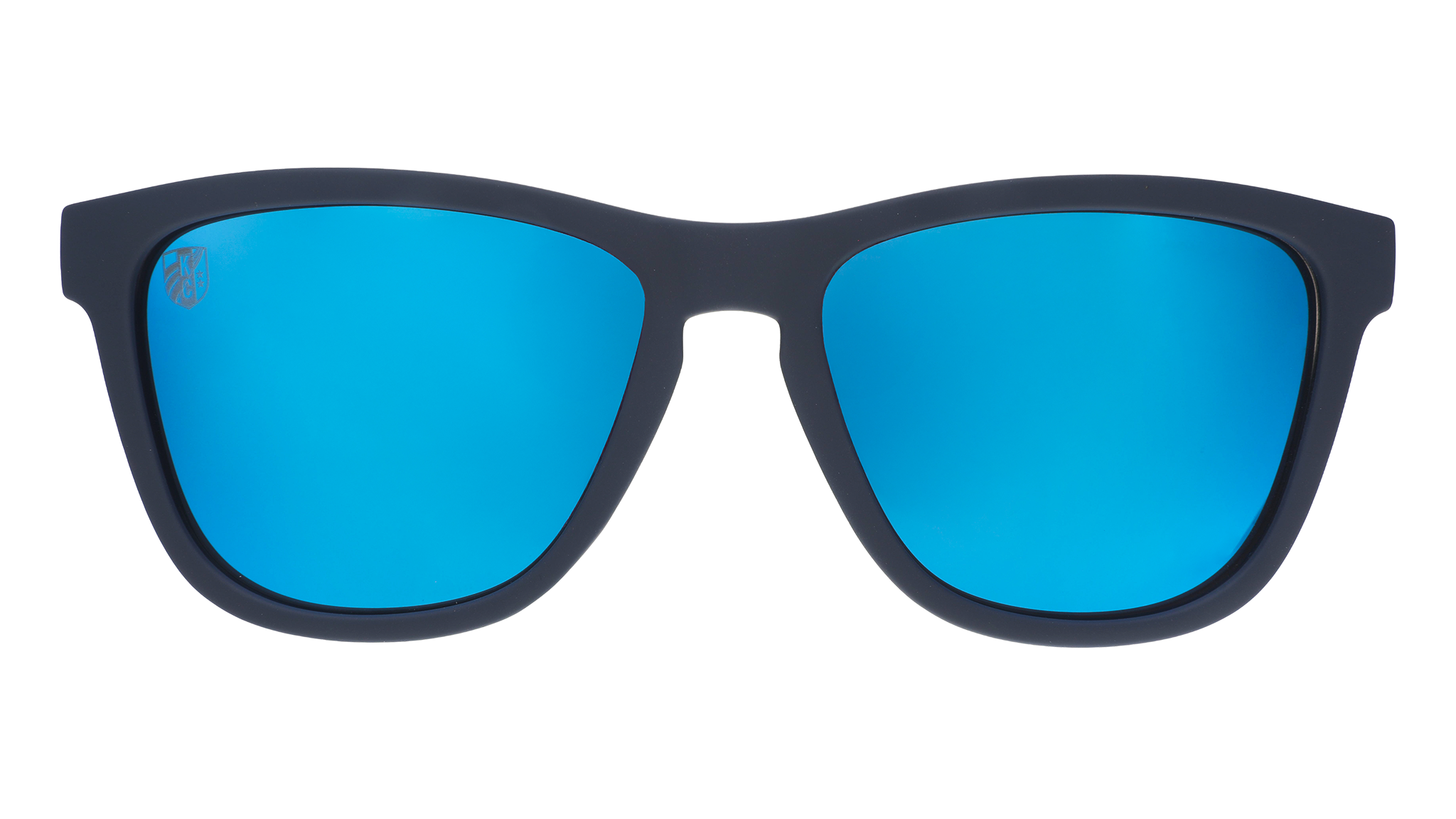 Front view of teal and storm blue frames with reflective teal lenses.