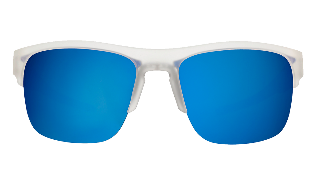 Front view of sunglasses. Clear front frame with blue reflective lenses on a white background.