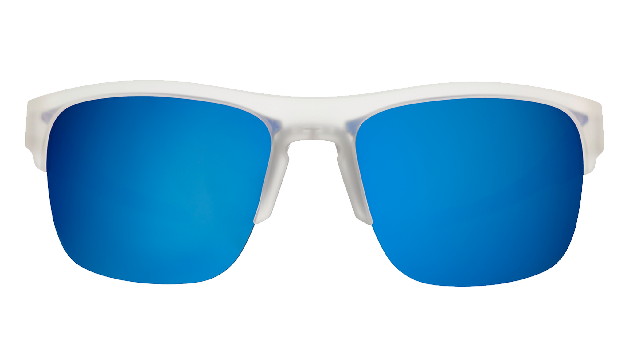Front view of sunglasses. Clear front frame with blue reflective lenses on a white background.