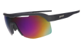 Three-quarter angle view of black shield sunnies with purple reflective wrap lenses tilted down on a white background.