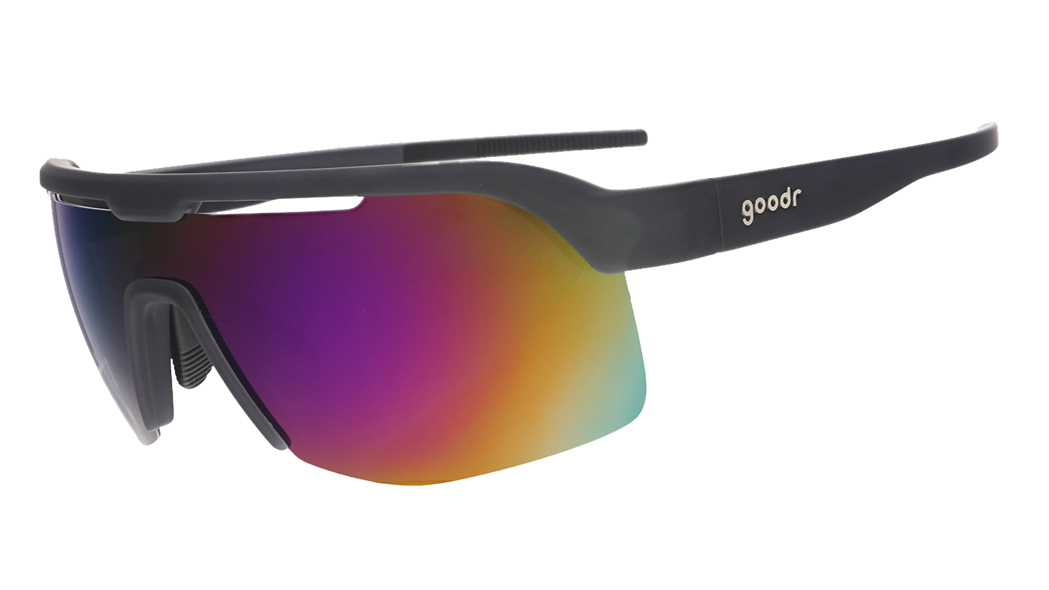 Three-quarter angle view of black shield sunnies with purple reflective wrap lenses tilted down on a white background.