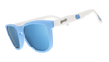 Three-quarter angle view of Carolina blue and white sunglasses featuring ice blue reflective lenses and the UNC logo.