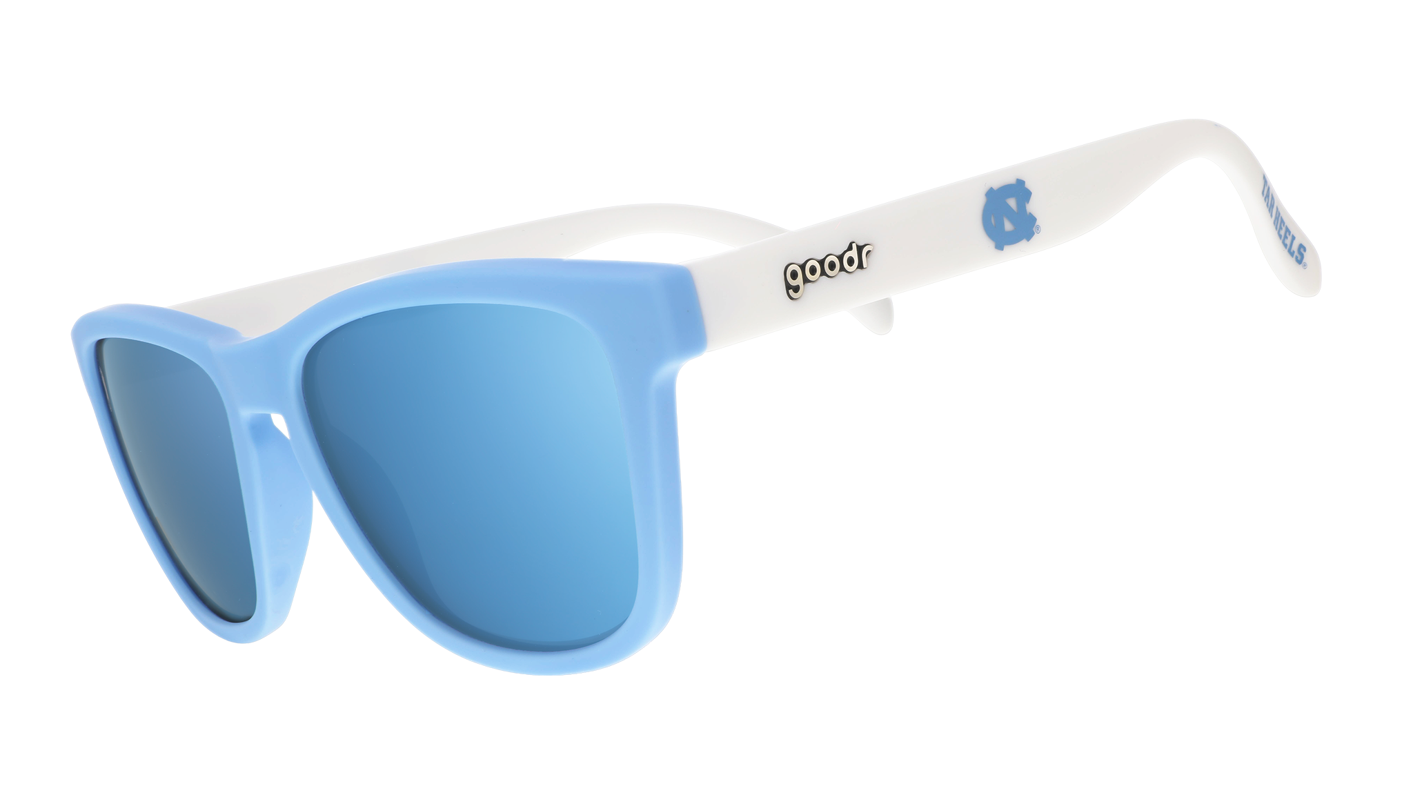 Three-quarter angle view of Carolina blue and white sunglasses featuring ice blue reflective lenses and the UNC logo.