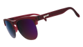 Three-quarter angle view of translucent purple half-rim sunglasses with purple reflective lenses.