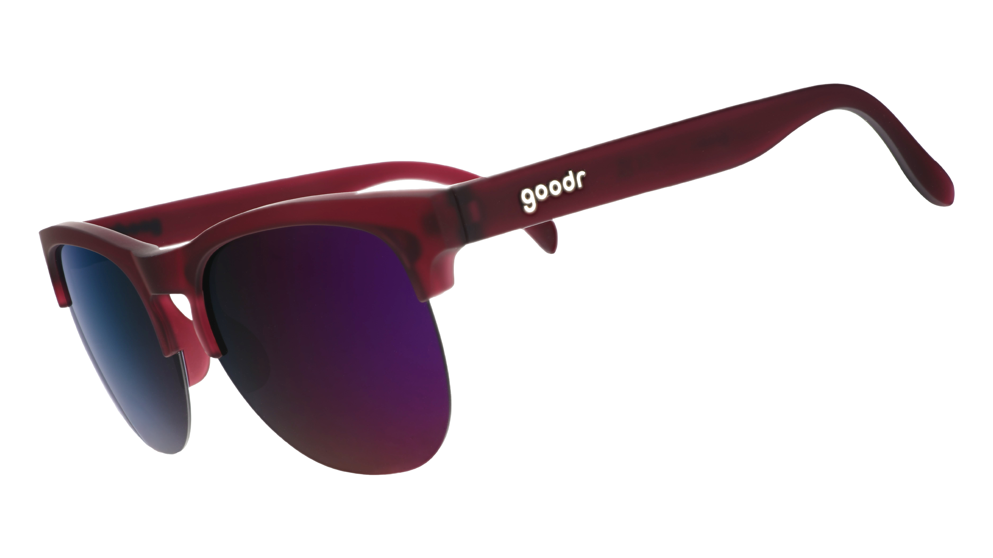 Three-quarter angle view of translucent purple half-rim sunglasses with purple reflective lenses.