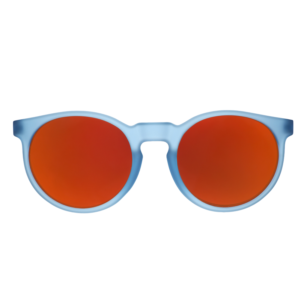 Front view of dusty blue Circle G sunglasses with red reflective lenses on a white background.