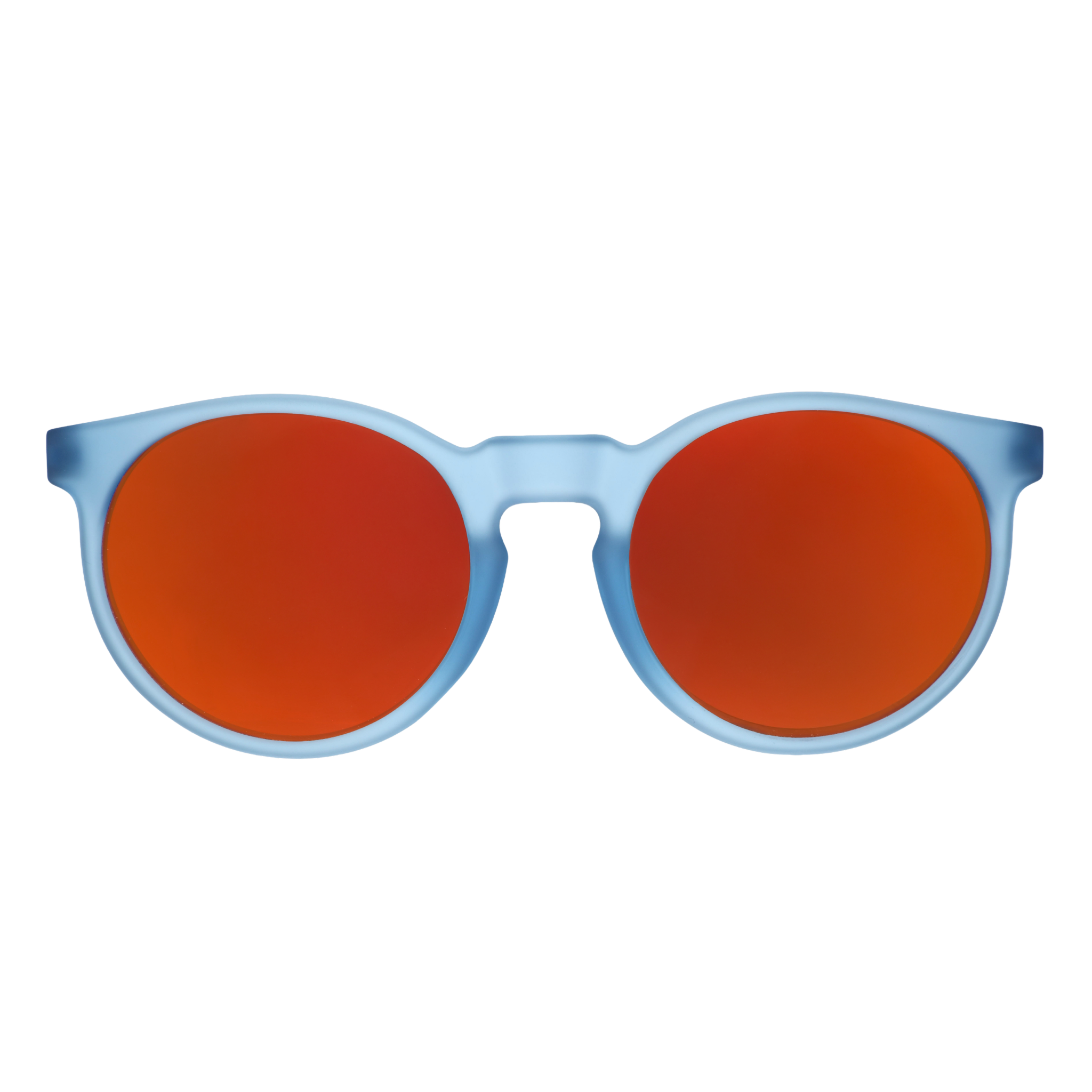 Front view of dusty blue Circle G sunglasses with red reflective lenses on a white background.