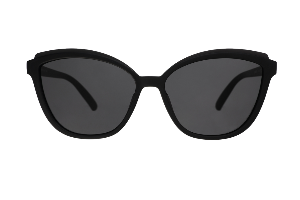 Black sunglasses with dark lenses on a white background