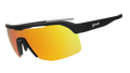 Sunglasses with black frame and orange-tinted lenses on a white background