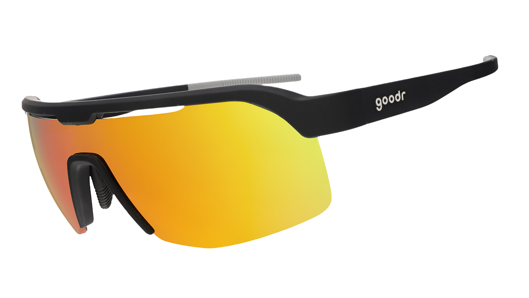 Sunglasses with black frame and orange-tinted lenses on a white background