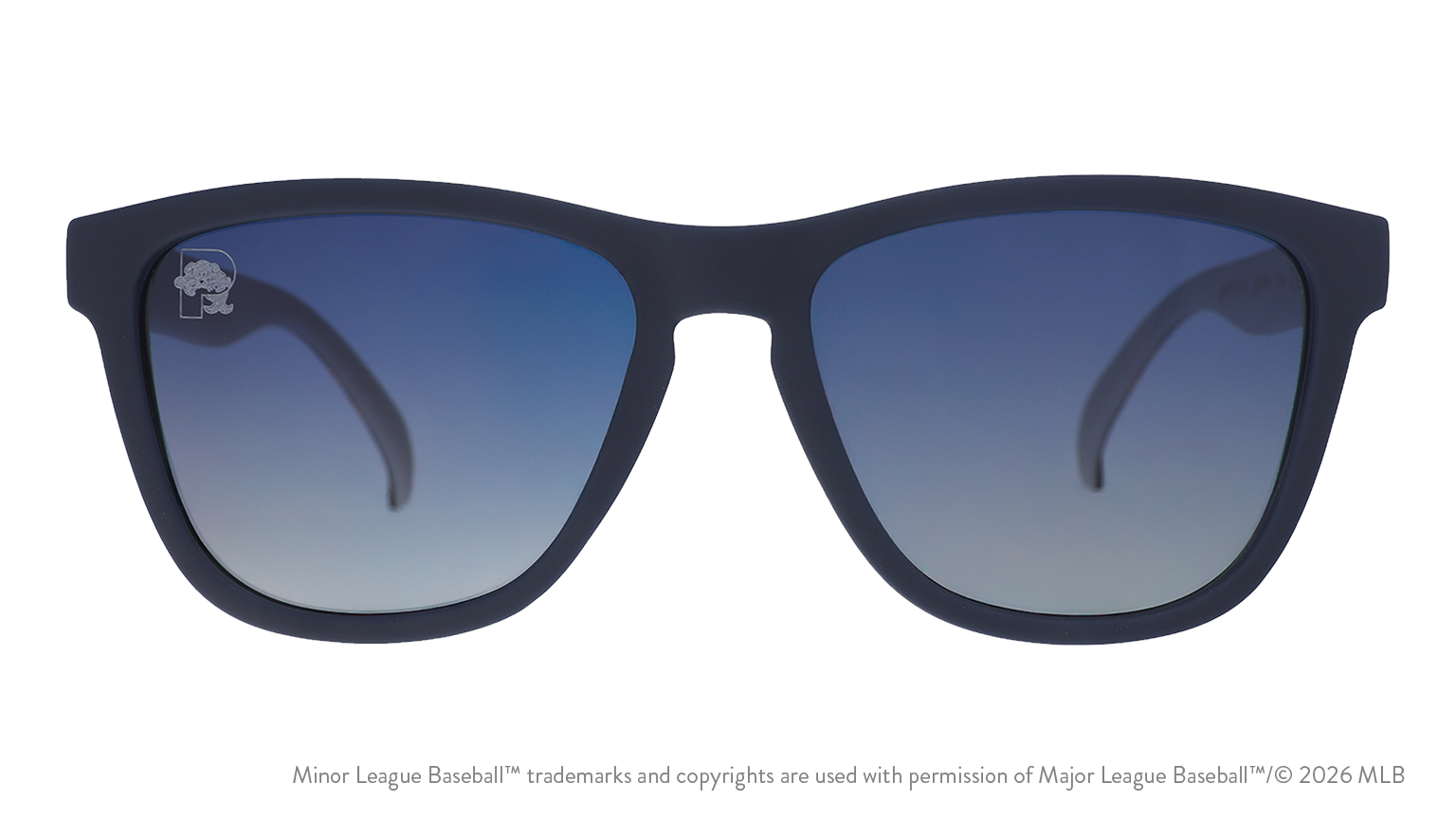 Front view of sunglasses. Dark blue front frame. Blue gradient lenses. Sea Dogs logo etching in top corner of lens.