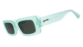 Three-quarter angle view of translucent light green rectangular sunglasses with green lenses.