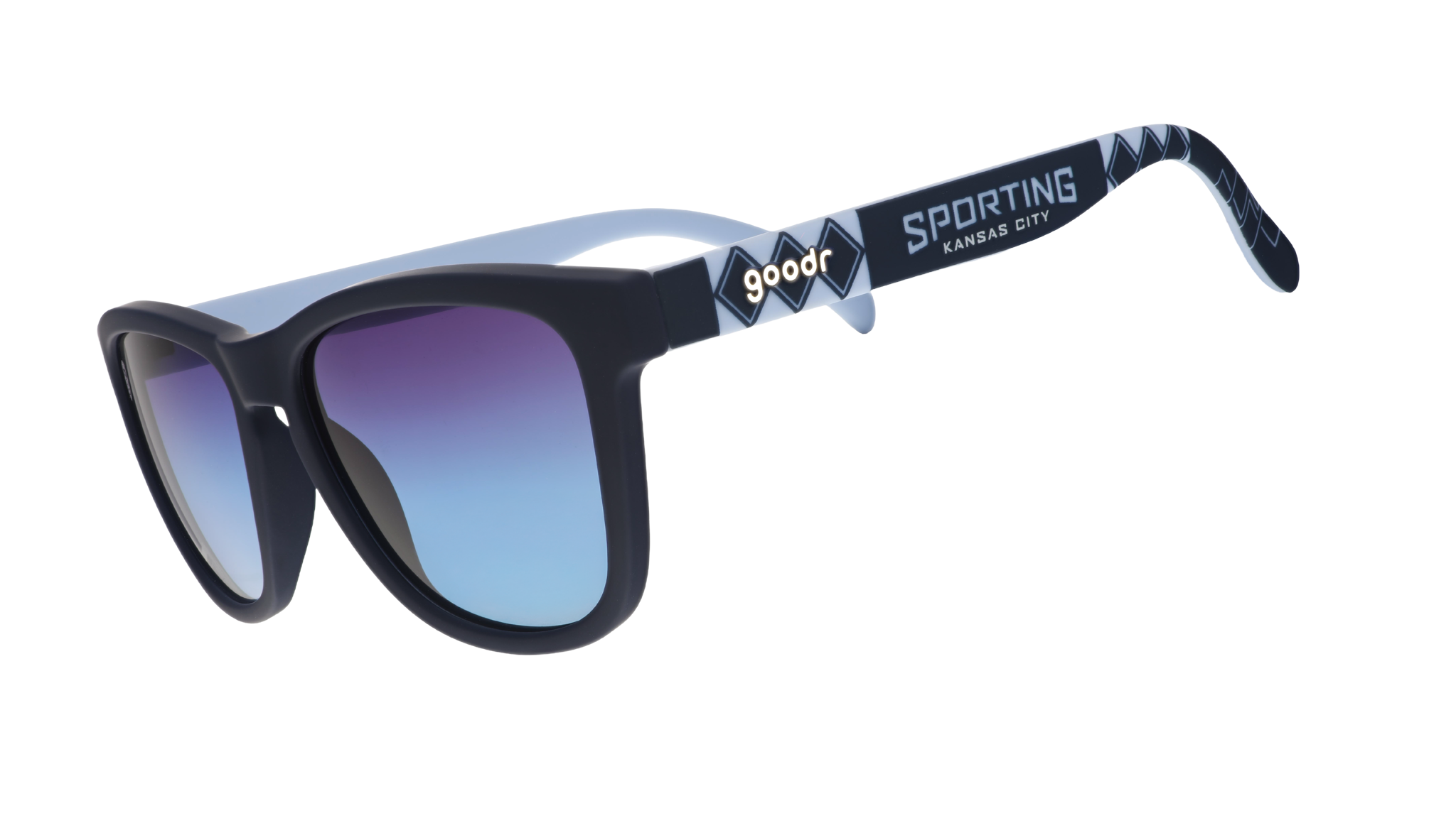 Three-quarter angle view of Major League Soccer Sporting KC shades. Navy+blue frames. Dark blue gradient lenses.