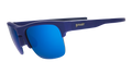 Three-quarter angle view of navy blue sunnies with half-rim frames+blue gradient lenses on a white background.