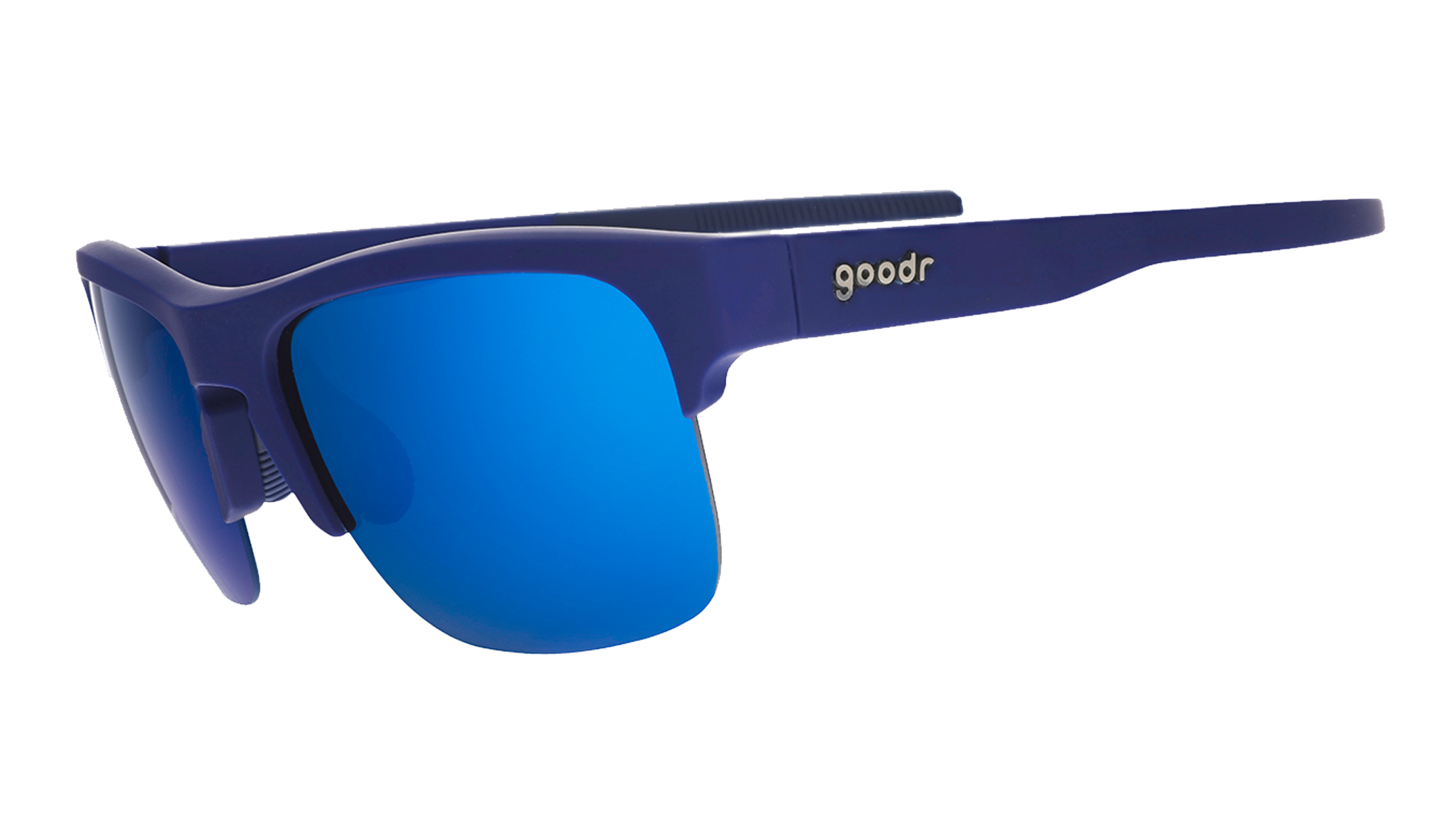 Three-quarter angle view of navy blue sunnies with half-rim frames+blue gradient lenses on a white background.