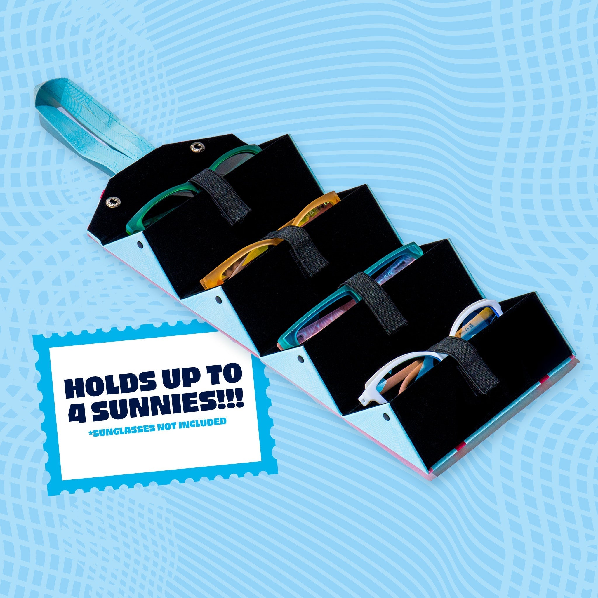Front angle view of the World Traveler sunglasses case packaging with travel-inspired design details.