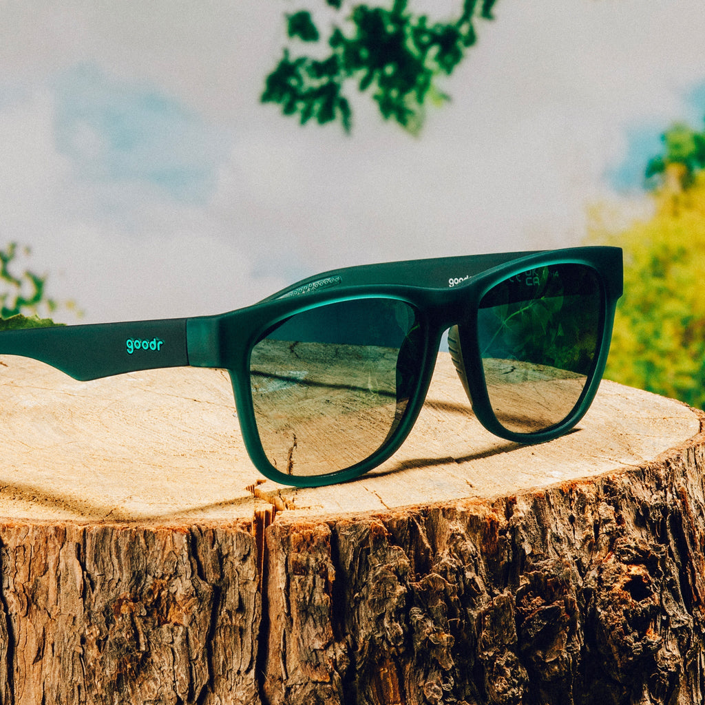 Three-quarter angle view of large dark teal sunglasses with green gradient lenses on a tree trunk against a nature backdrop.