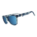 Three-quarter angle view of tonal blue on blue tie-dye sunglasses in a classic frame shape with ice blue reflective lenses.