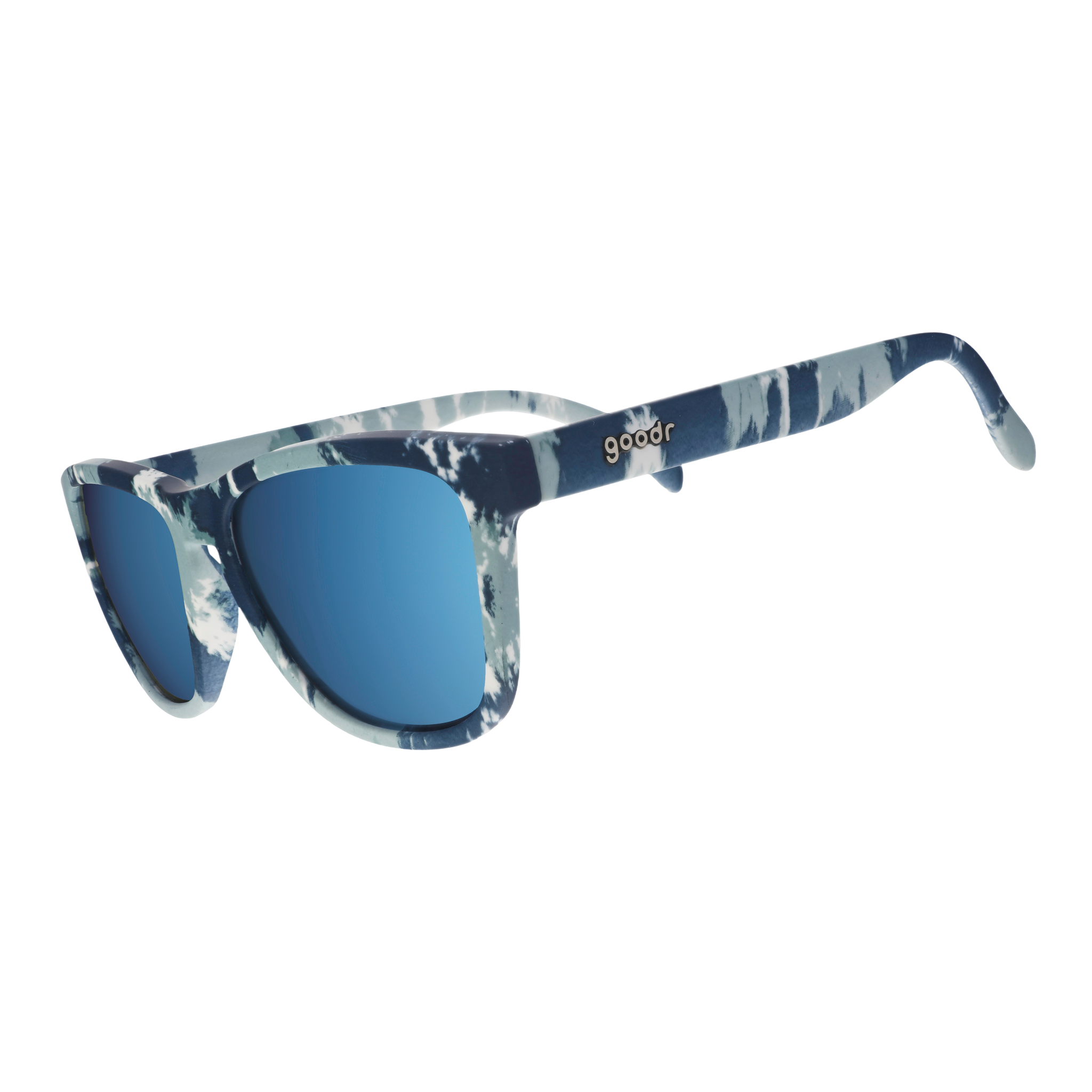 Three-quarter angle view of tonal blue on blue tie-dye sunglasses in a classic frame shape with ice blue reflective lenses.