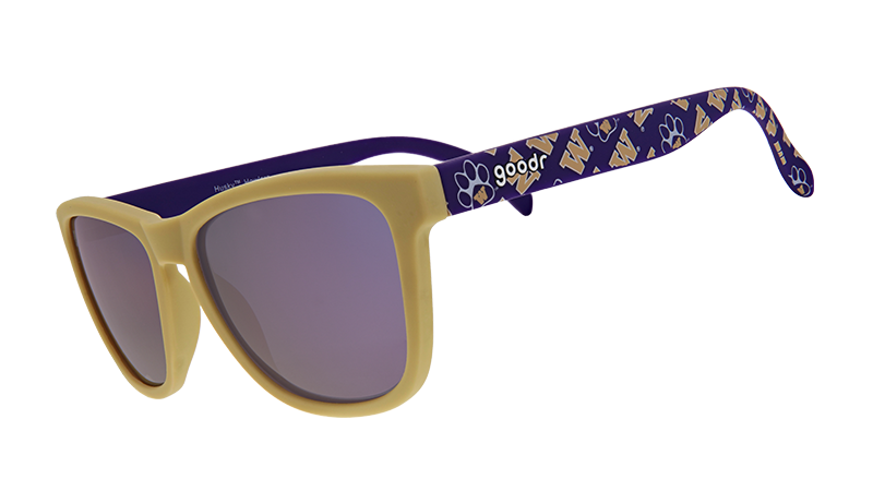 Purple and yellow University of Washington themed sunglasses